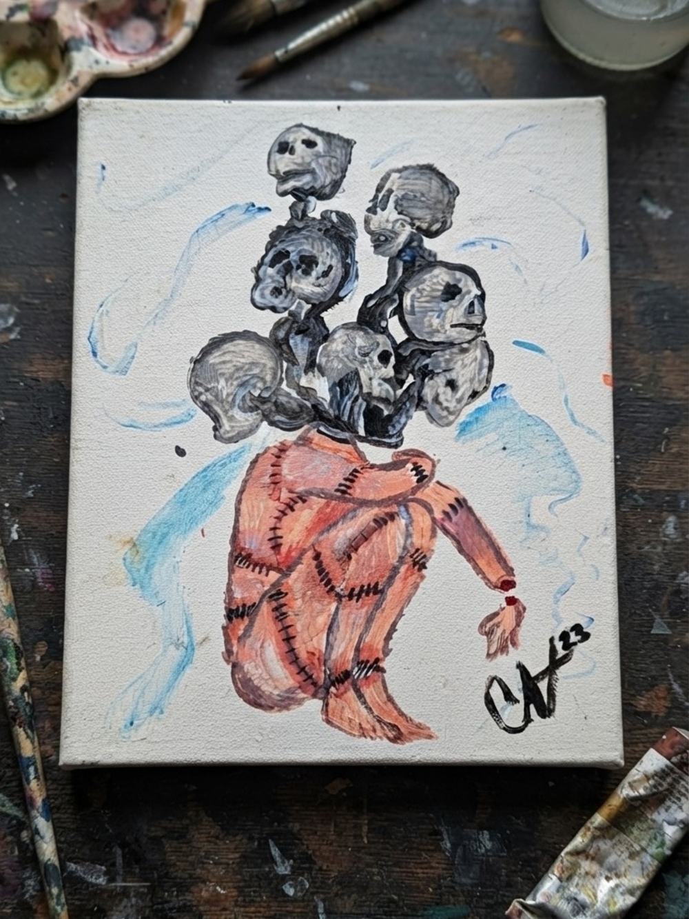 Original Home Art Canvas - Abstract Figure with Skulls in Coral and Gray